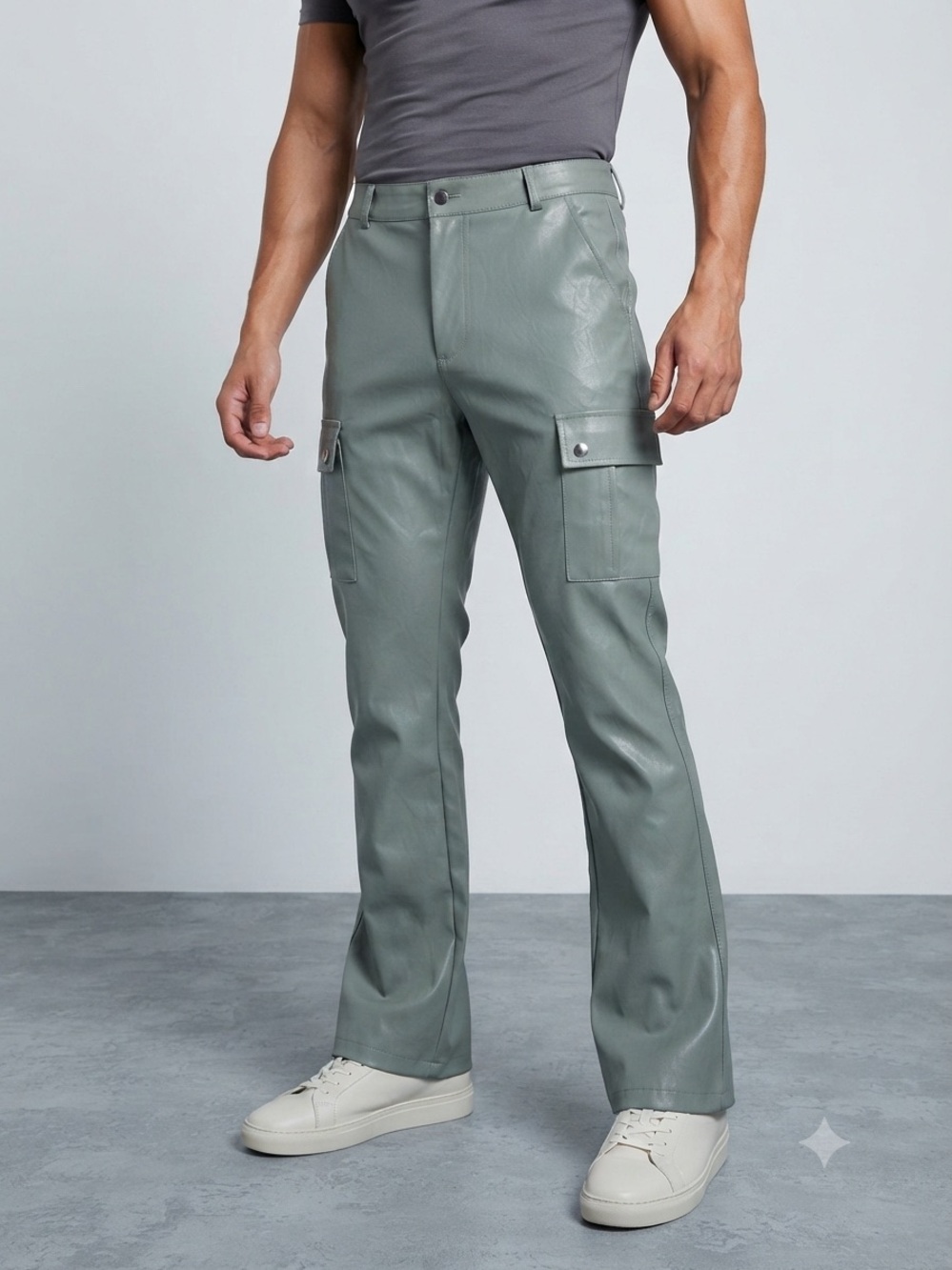 Boohoo Men's Sage Green Cargo Leather Pants